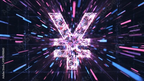 Abstract digital representation of a glowing Japanese Yen symbol amidst a futuristic neon light tunnel, symbolizing financial technology and digital currency