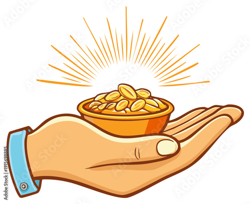 Hand offers bowl of golden grain under shining sun rays