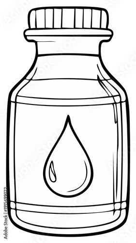 Hand drawn illustration of a bottle with a drop symbol and a striped cap