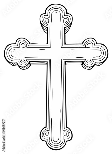 Ornate Orthodox Christian Cross Icon with Triple Curves and Linear Detail