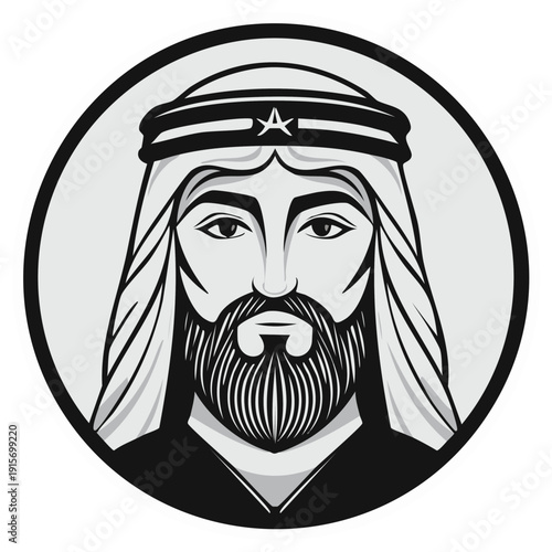 Traditional Arab Man Portrait Emblem with Star and Beard