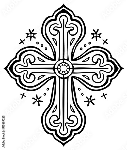 Decorative Ornamental Cross Design in Black and White Religious Symbol