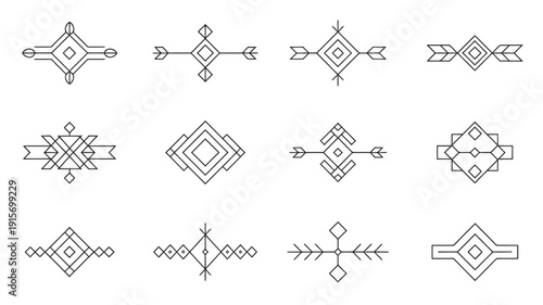 Collection of diverse bohemian-inspired, geometric line art, ornaments, and stylish tribal decorative divider elements