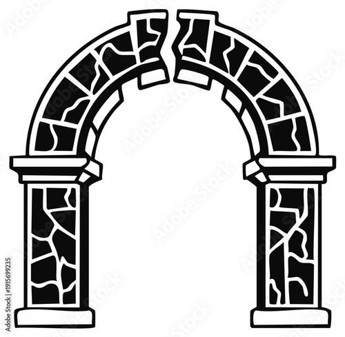 Black and white illustration of a broken stone archway ancient ruined structure