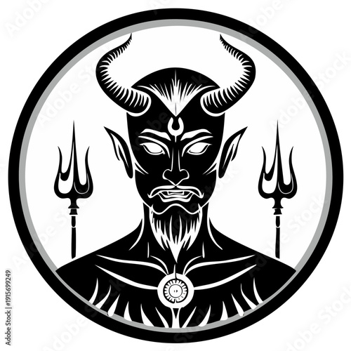 Demonic figure with horns and tridents in a circular emblem, black and white illustration