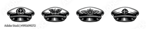 Nautical hats flat vector icons set: captain, marine, sailor, and maritime symbols collection