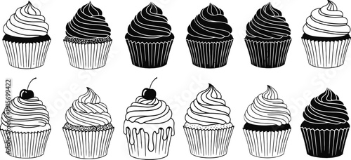 A dozen cupcakes with varied frosting designs