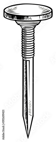 Detailed Drawing of a Single Metal Nail with a Screw Thread