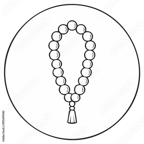 Prayer Beads: A line illustration of traditional religious mala or rosary with beaded strands and tassel, in a circle
