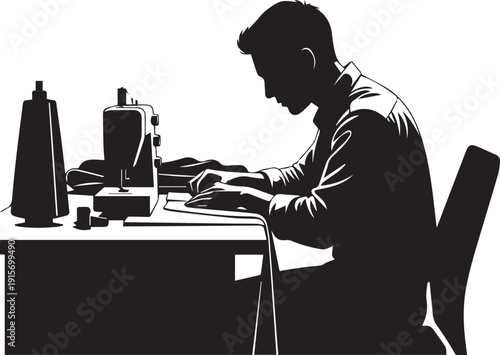A silhouetted tailor diligently working at a sewing machine with fabric