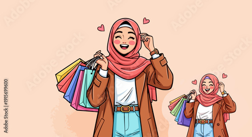 Happy Muslim woman in a coral hijab and brown coat holding colorful shopping bags