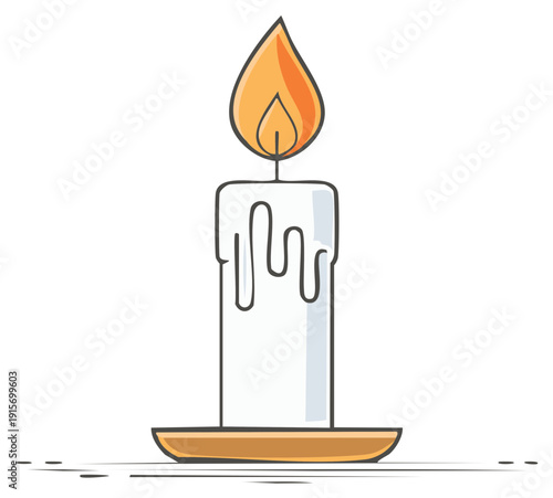Cartoon candle burning with flame, dripping wax, and golden holder