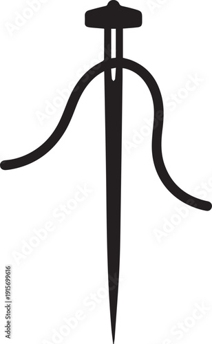 A simple black silhouette of a sewing needle with thread