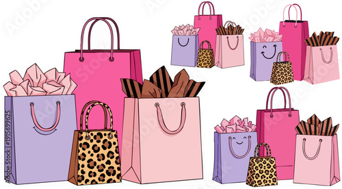 Vector illustration of assorted pink, lavender, and leopard print shopping bags 
