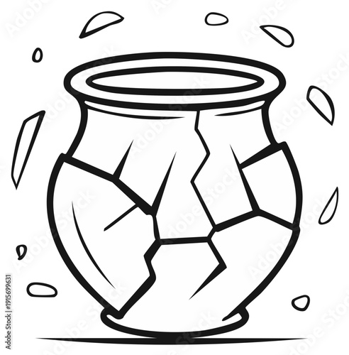 Broken ceramic pot with cracks and shards, monochrome illustration.