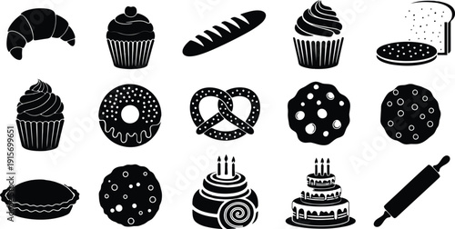 Black and white bakery icon set