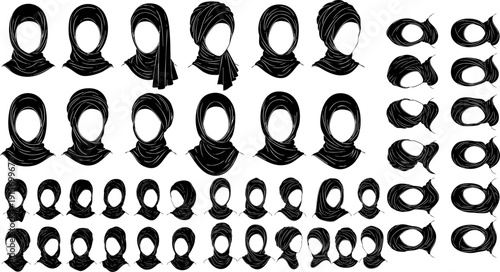Vector set of black female hijab headwear styles