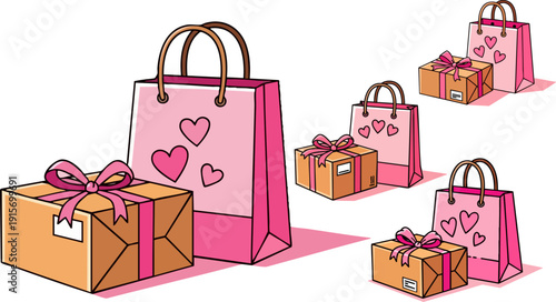 Vector illustration of pink shopping bags with heart patterns and brown gift boxes