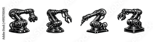 Industrial robot arms flat vector icons set. mechanical robotic hands collection.