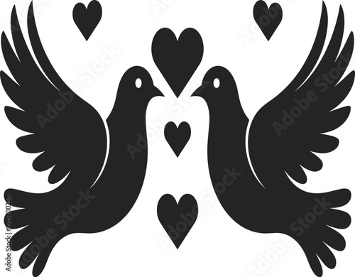 Two black silhouette doves with hearts between them
