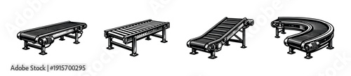 Flat vector icons set of industrial conveyor belts - assembly, manufacturing, production equipment