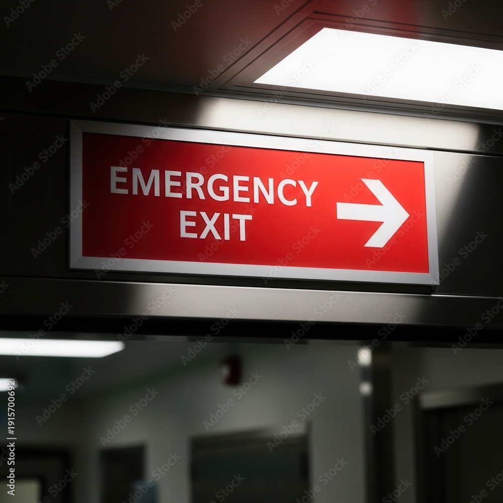 Fototapeta premium Clear Emergency Exit Sign Illuminates a Pathway for Immediate Evacuation in Public Facilities