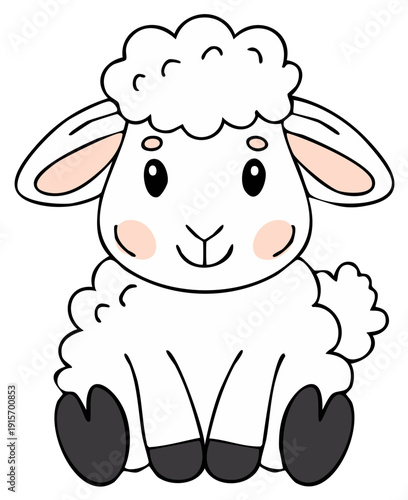 Cute cartoon lamb with fluffy white wool and rosy cheeks sitting peacefully