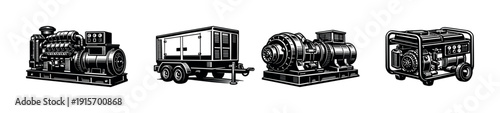 Flat vector icons set: industrial generators and machinery collection