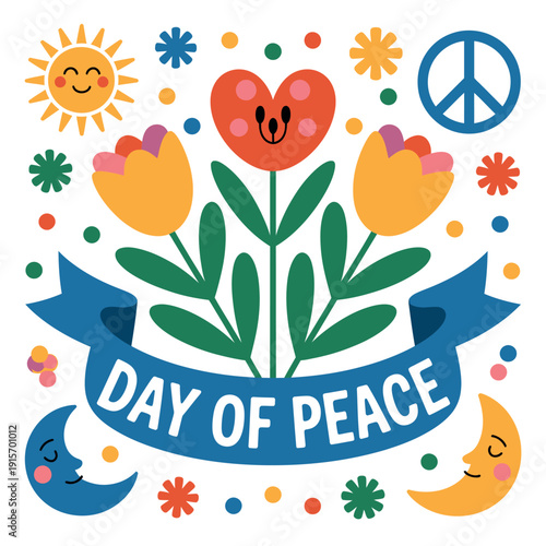 A colorful illustration celebrating the Day of Peace with flowers and symbols