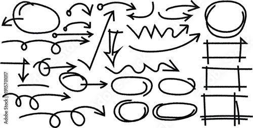 Hand drawn arrows, highlight, text underline strokes and emphasis marks. Set of Sketches of arrows, ellipse, rectangle, oval and mark. Collection of vector doodle elements and shapes for note
