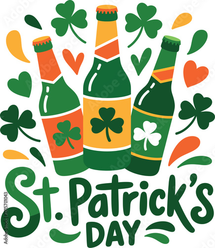 A festive St. Patrick's Day graphic with beer bottles and shamrocks