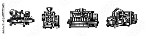 Flat vector icons set: industrial equipment, machines, robotics, manufacturing tools collection