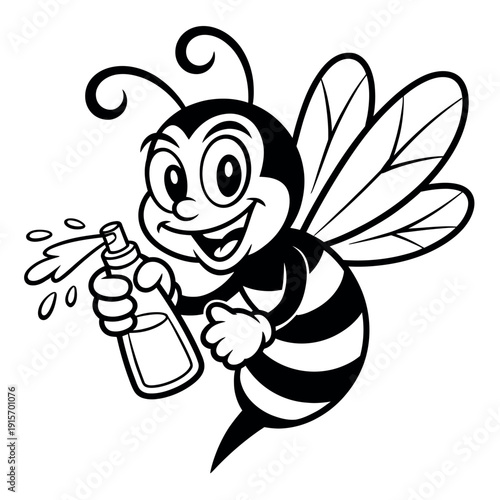 A cartoon bee character spraying a bottle of liquid with a smile