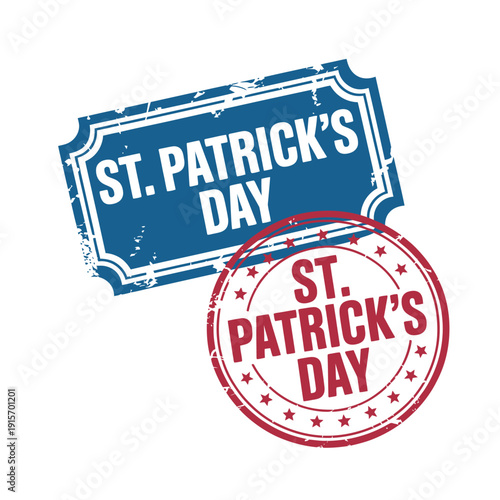 A blue ticket and red stamp celebrating St. Patrick's Day festivities