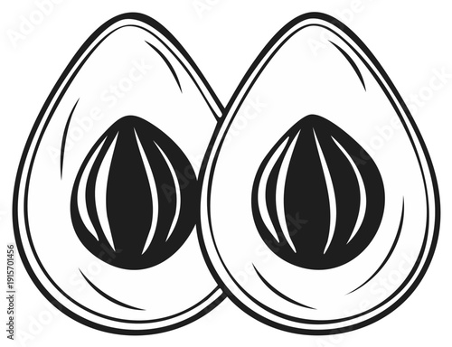 Simple black and white illustration of two avocado halves with pits
