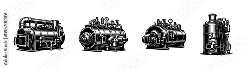 Industrial machinery flat vector icons set: engine, boiler, mechanical parts collection