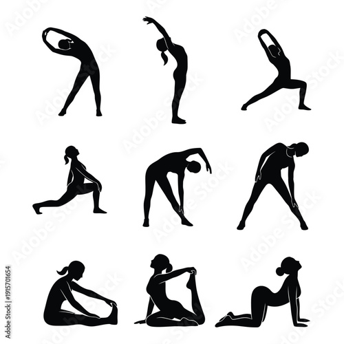 Silhouettes of various yoga poses and stretches