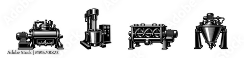 Industrial machinery flat vector icons set: mechanical equipment and engineering tools collection