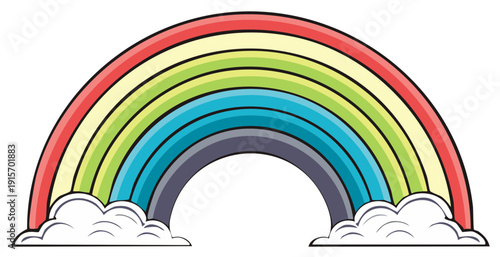 Cartoon rainbow with fluffy clouds. Colorful arch illustration.