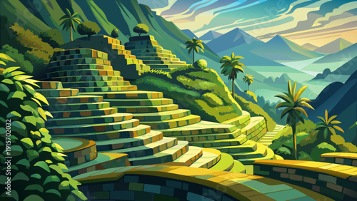 Very beautiful stone terraces of Ciudad Perdida hide within lush jungle mountains, forming an ancient lost city above Colombian rainforest valleys.