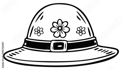 Cartoon drawing of a hat decorated with flowers and a buckle in black and white