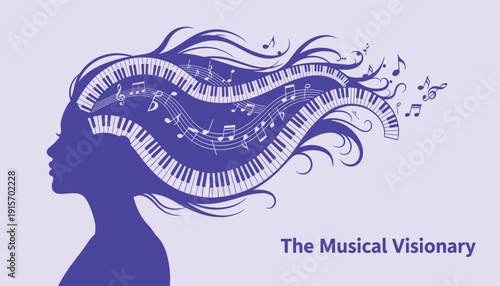 Woman with musical notes and piano keys in flowing hair