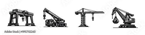Construction machinery flat vector icons set: industrial, crane, equipment illustrations