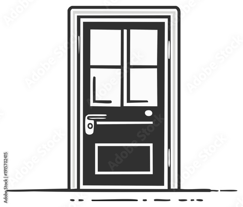 Stylized Illustration of an Open Door with Glass Panes and Frame, Black and White Design