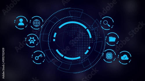 Futuristic blue digital interface with circular hud elements and tech icons on dark background