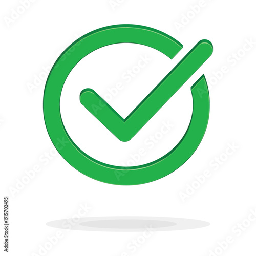 3D Green check mark icon vector. Glossy tick in circle ring with shadow. Symbol of success, approval, voting, verification and correct choice. Realistic isolated badge for interface.