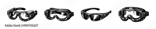 Flat vector icons set: ski and safety goggles collection, protective eyewear illustrations