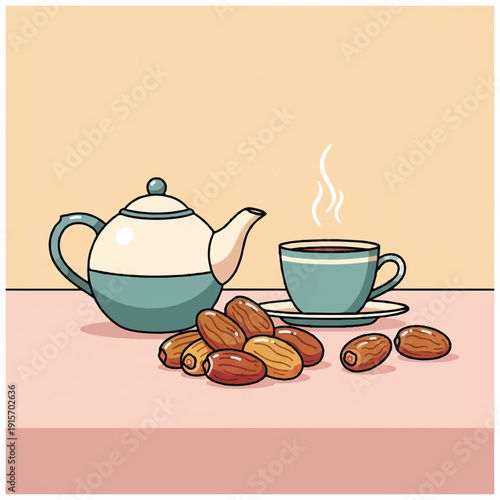 Teapot and Cup with Dates Illustration.