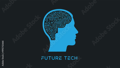 Futuristic human head with circuit board brain representing AI and technology