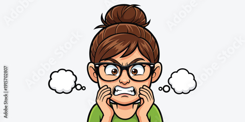A cartoon woman with a worried expression and thought bubbles is clutching her mouth in concern.